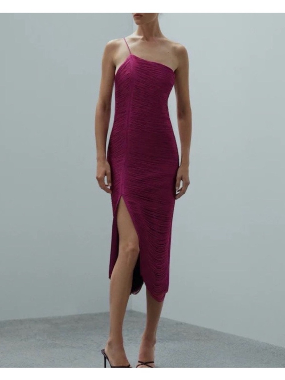 Mango Capsule Collection One-Shoulder Magenta Fringe Midi Dress